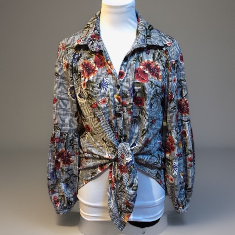 French Laundry Floral Tie Waist Ballon Sleeve Top